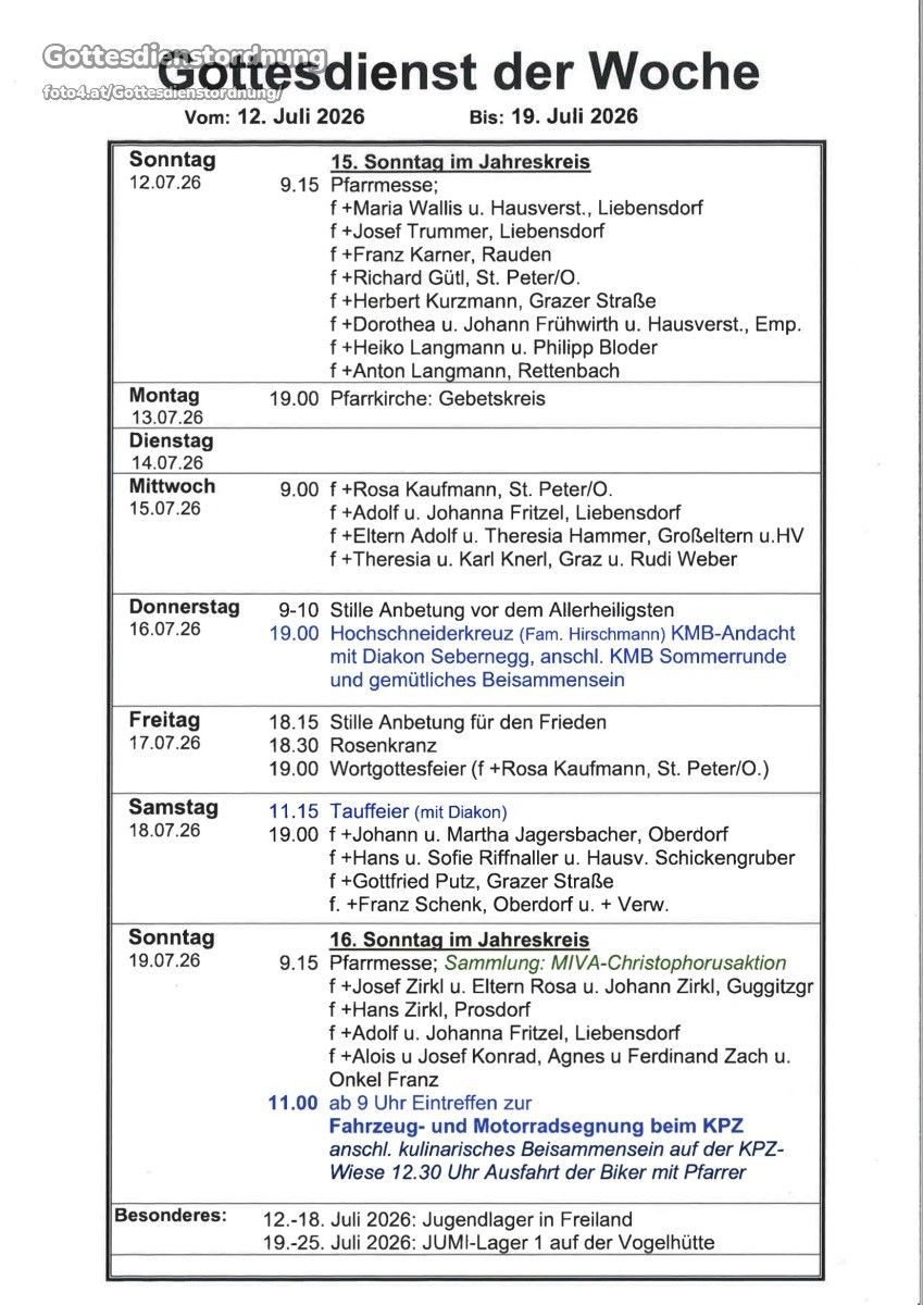 Ein Zeitplan für religiöse Dienste und Veranstaltungen, einschließlich Namen der Teilnehmer und Orte. Der Zeitplan erstreckt sich vom Montag, 13. Juli, bis Sonntag, 18. Juli 2026.