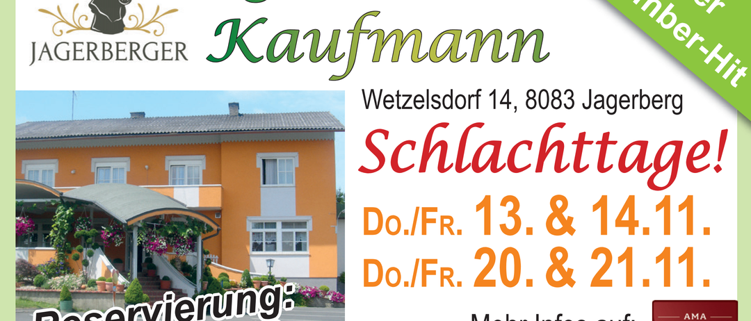 Ein Flyer für Gasthaus Kaufmann in Wetzlesdorf 14, 8083 Jag. Geöffnet donnerstags und freitags. Kontakt unter 34/8213 oder über Webseite.