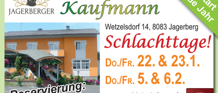 An advertisement for Gasthaus Kaufmann in Wetzelsdorf 14, 8083 Jager. The phone number is 84/8213. It is open on Wednesday, Thursday, Friday, and Saturday.