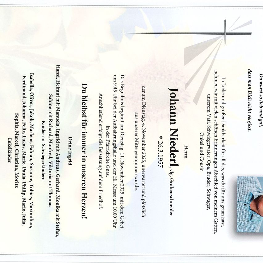 Dokument mit persönlichen Details und Informationen über Johann Niederl. Beinhaltet Namen von Verwandten, Geburtsdatum, Sterbedatum und Grabstätte. Enthält ein Foto von Johann Niederl.