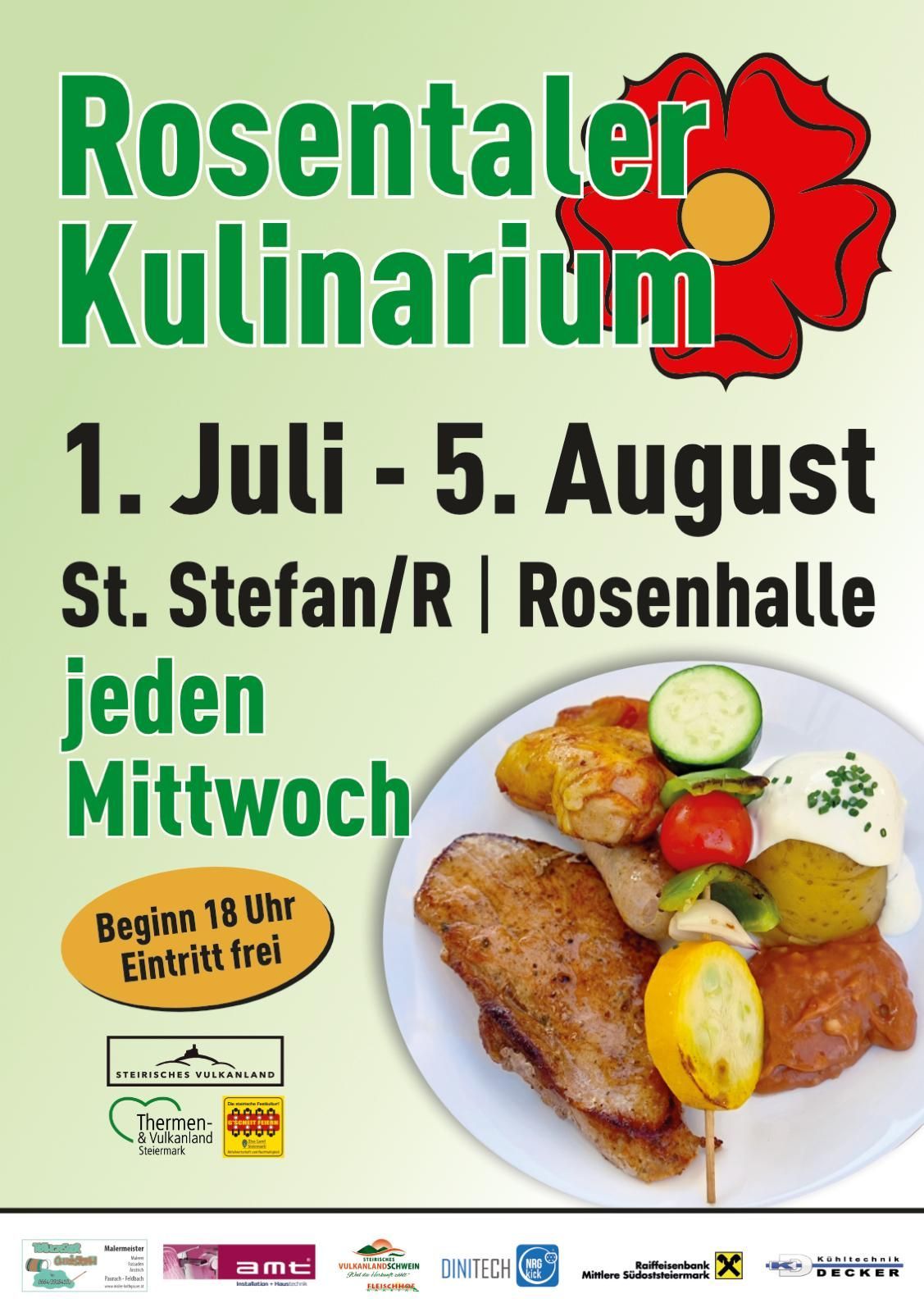 Kulinaricum event poster for July 1st to August 5th. Location: St. Stefan/R, Rosenhalle. Every Wednesday, starting at 6 PM. Admission is free. A plate of food with meat, vegetables, and a sauce.