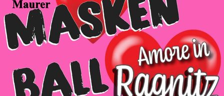 A pink poster with two red hearts and the text 'Amore Ball Ragni'. The poster features a pink background with a small fish illustration on the left side. The words 'Enwirt' are written in black above the hearts. The text 'O P' is written in black above the hearts.