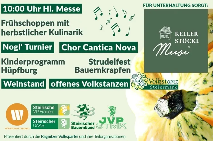 Ein Plakat für ein Erntefest mit einem Kürbis, Musiknoten und verschiedenen Aktivitäten wie einem Weinstand, Kinderprogramm und offenem Volkstanz. Die Veranstaltung wird von der Ragnitz Volkspartei und ihren Organisationen präsentiert.