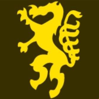A stylized, yellow lion stands on a dark background, looking to the right. Its mane and tail are flowing, and it holds a scroll in its right paw.