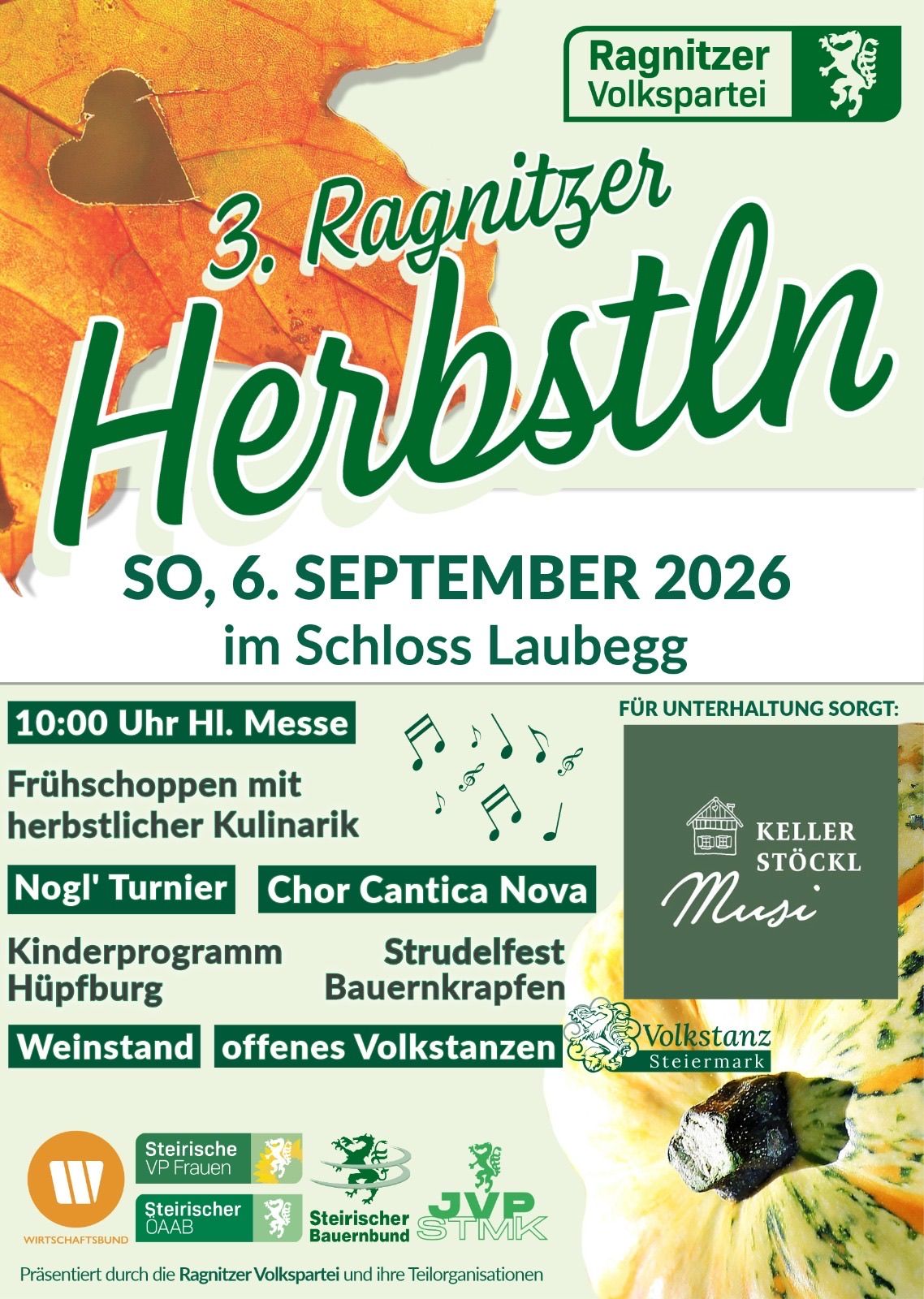 Plakat für das 3. Ragnitzer Herbstfest, geplant für den 6. September 2026 im Schloss Laubegg. Zeigt ein Blatt, Musiknoten und verschiedene Veranstaltungsdetails.