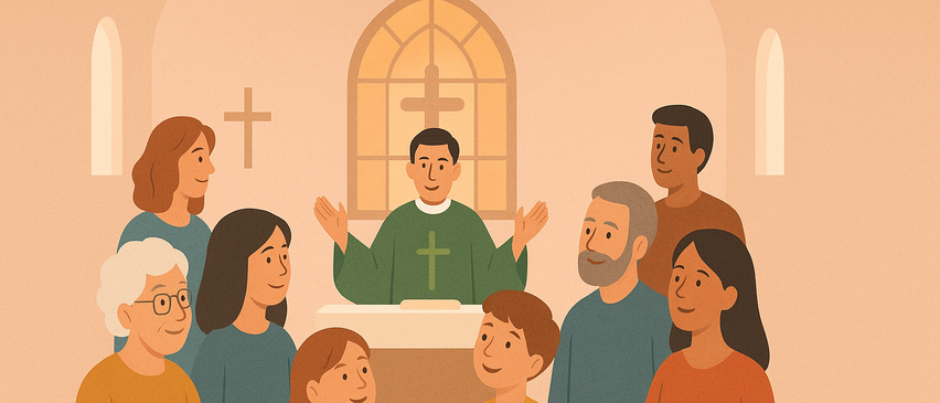 Eine Illustration eines Priesters, der in einer Kirche eine Predigt hält, umgeben von Menschen unterschiedlichen Alters, mit einem Kreuz im Hintergrund.