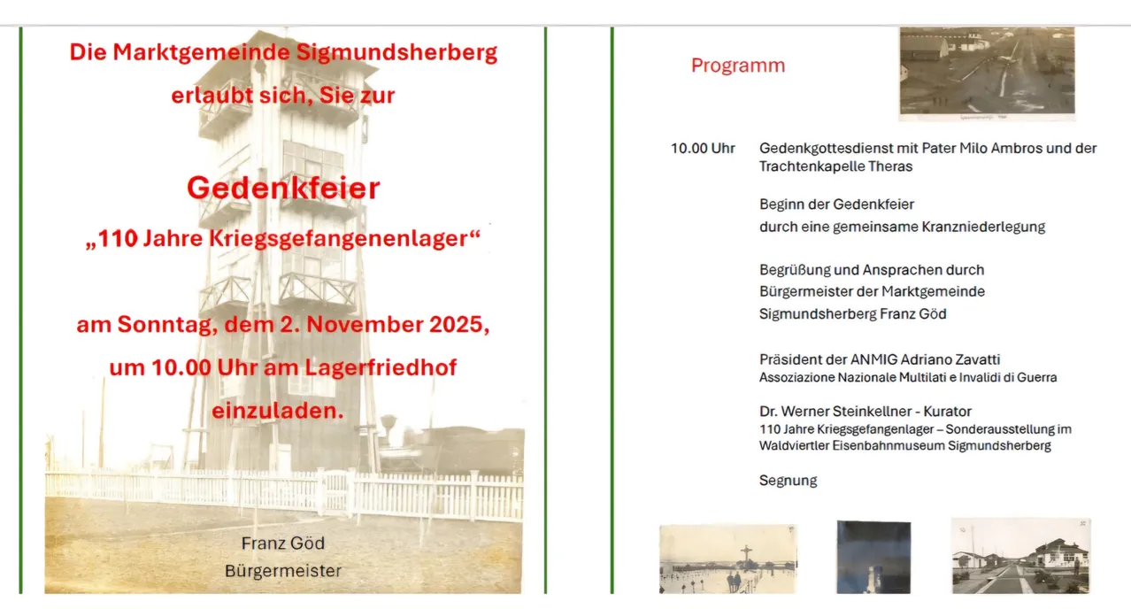Das Bild zeigt eine Gedenkveranstaltungsankündigung für Sigmundsherberg. Es enthält ein Foto eines Gebäudes und erwähnt das Datum, 2. November 2025. Die Veranstaltung wird vom Präsidenten der Vereinigung der Nationalen Waldviertel Eisen ausgerichtet.