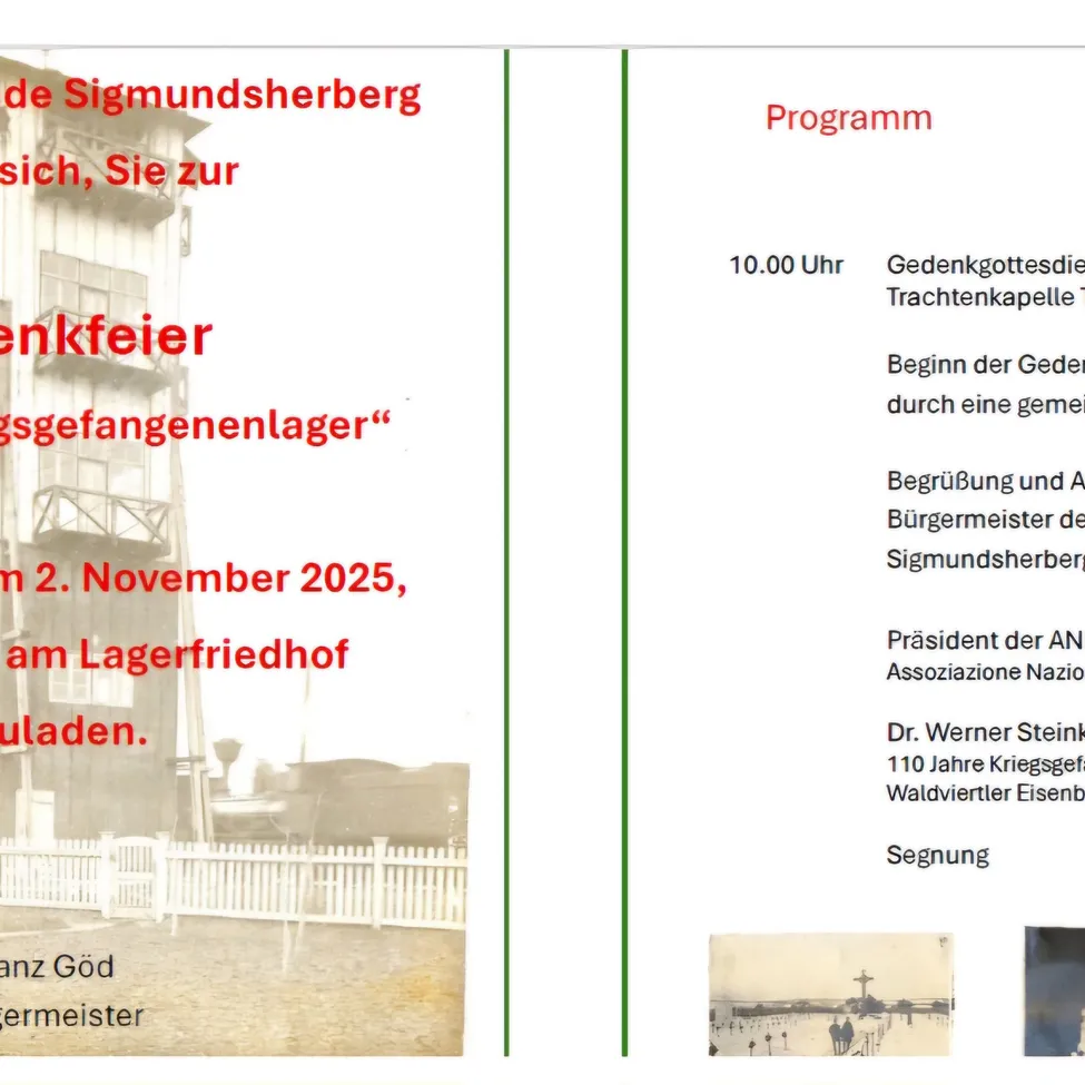 Das Bild zeigt eine Gedenkveranstaltungsankündigung für Sigmundsherberg. Es enthält ein Foto eines Gebäudes und erwähnt das Datum, 2. November 2025. Die Veranstaltung wird vom Präsidenten der Vereinigung der Nationalen Waldviertel Eisen ausgerichtet.