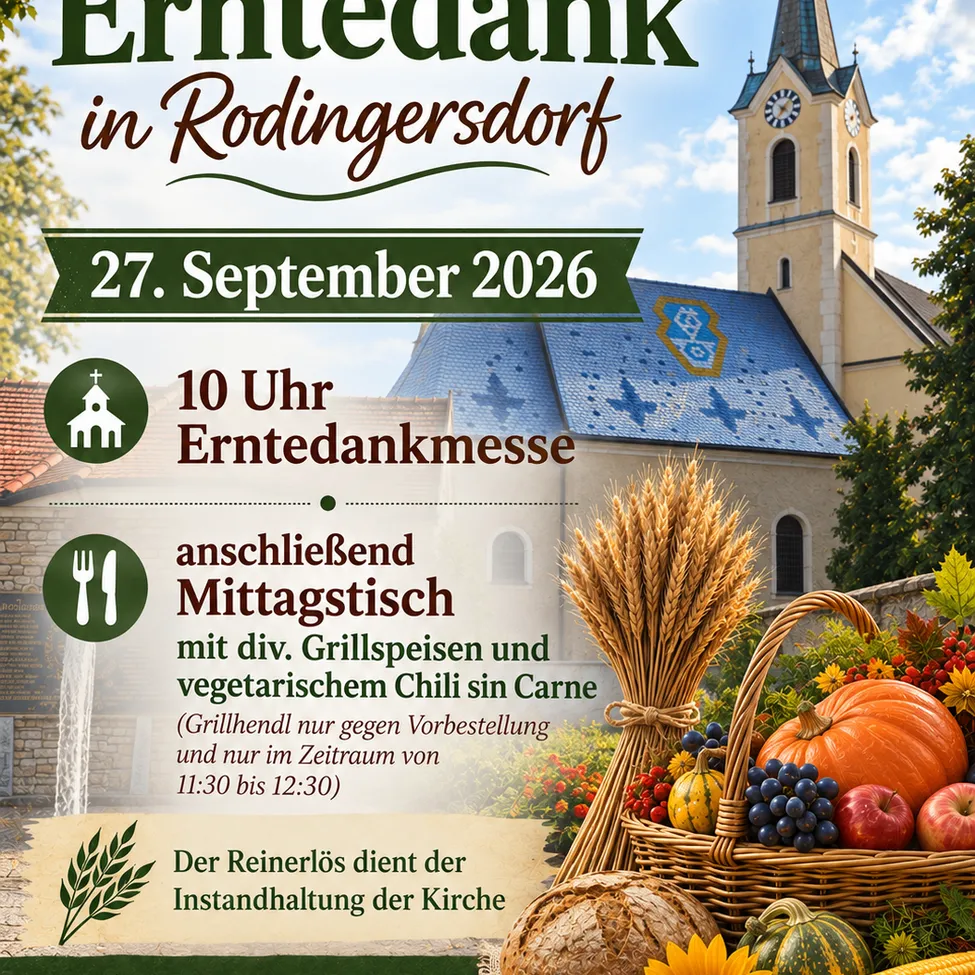 Plakat für die Erntedankmesse in Rodingersdorf am 27. September 2026. Zeigt eine Kirche, einen Glockenturm und einen Korb mit Herbstfrüchten. Die Veranstaltung umfasst eine Erntedankmesse um 10 Uhr, gefolgt von einem Mittagessen mit Grillgerichten und vegetarischem Chili. Grillen ist nur nach vorheriger Reservierung von 11:30 Uhr bis 12:30 Uhr möglich.