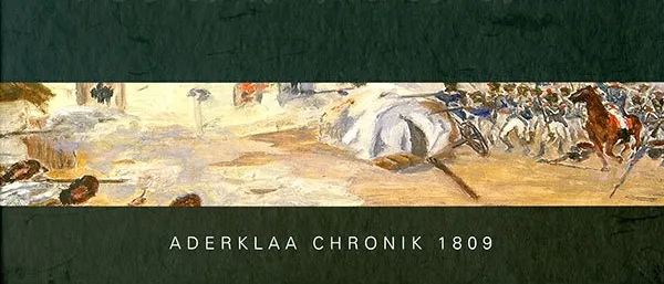 Ein historisches Schlachtenbild zeigt Soldaten auf Pferden inmitten einer chaotischen Szene. Der Titel lautet 'Aderklaa Chronik 1809'. Ein Künstlersignatur ist oben.