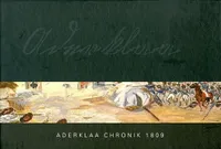 Ein Bild mit dem Titel 'Aderklaa Chronik 1809' zeigt eine chaotische Schlachtszene mit Soldaten, Pferden und gefallenen Figuren. Der Hintergrund ist in einem gedämpften Aquarellstil gehalten.