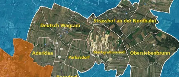 Eine Karte, die von Überschwemmungen betroffene Gebiete zeigt. Hervorgehoben sind Gebiete wie Gänserndorf, Strasshof an der Nordbahn, Deutsch Wagram, Aderklaa, Markgrafneusiedl, Obersiebenbrunn, Parbasdorf, Raasdorf und Wien.