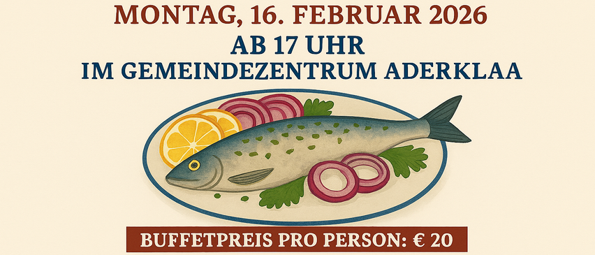 Ein Plakat für das Aderklaa-Zanderfest am Montag, 16. Februar 2026, ab 17 Uhr. Der Buffetpreis pro Person beträgt 20 Euro.