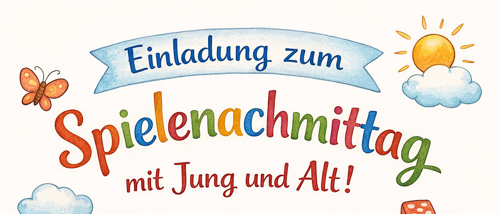 Poster für die Spielnacht. Ein älteres Paar, ein Kind und ein anderes Kind spielen Spiele. Es steht 11. April 2026, um 15 Uhr im Gemeindesaal. Kaffee und Kuchen werden serviert.