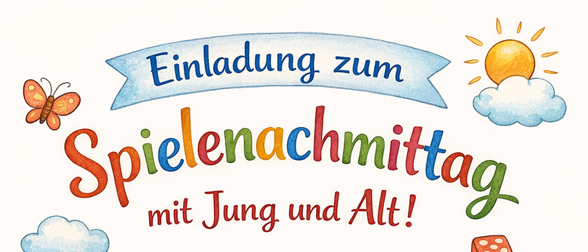 Poster für die Spielnacht. Ein älteres Paar, ein Kind und ein anderes Kind spielen Spiele. Es steht 11. April 2026, um 15 Uhr im Gemeindesaal. Kaffee und Kuchen werden serviert.