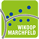 Ein grüner Hintergrund mit blauen Punkten, die ein gekrümmtes Muster bilden. Die Worte 'WIKOOP MARCHFELD' sind in weißer Schrift prominent dargestellt.