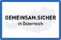 Ein weißer Hintergrund mit blauem Rand zeigt eine verwaschene Karte von Österreich. Über der Karte steht in fetter Schrift 'GEMEINSAM.SICHER in Osterreich'. Das Design ist minimalistisch mit Fokus auf den Text.