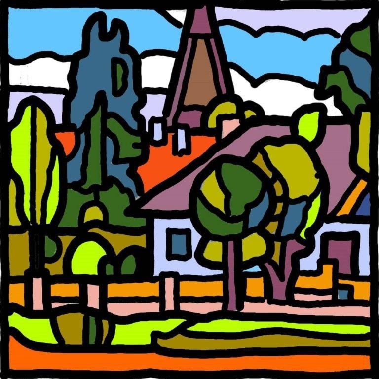 Ein abstraktes Gemälde zeigt ein Haus mit rotem Dach, umgeben von Bäumen und einem Zaun unter einem blauen Himmel.