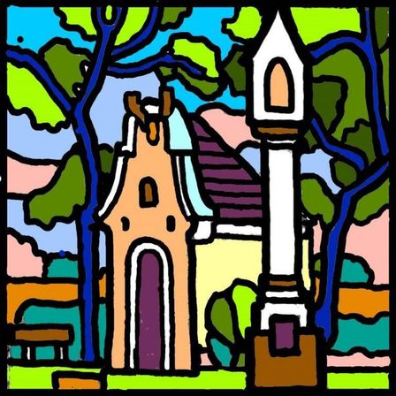 Eine farbenfrohe Illustration zeigt ein kleines Haus mit einer lila Tür, einem hohen Turm und einer Bank in der Nähe, umgeben von Bäumen und einem Feld.