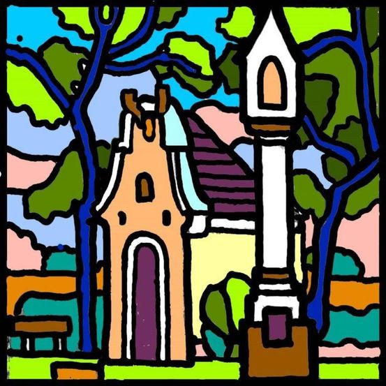 Eine farbenfrohe Illustration zeigt ein kleines Haus mit einer lila Tür, einem hohen Turm und einer Bank in der Nähe, umgeben von Bäumen und einem Feld.