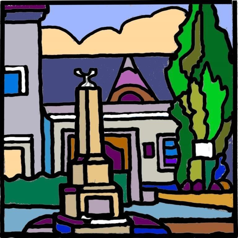 Ein farbenfrohes Kunstwerk zeigt ein Gebäude mit einem Denkmal im Vordergrund. Das Gebäude hat ein dreieckiges Dach und mehrere Fenster. Das Denkmal hat eine runde Basis und eine hohe Struktur. Ein Baum steht rechts.