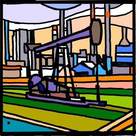 Eine abstrakte Malerei einer Ölpumpe in einer Fabrik mit Gebäuden und Bäumen im Hintergrund. Die Ölpumpe steht im Vordergrund, mit grünen und gelben Streifen.