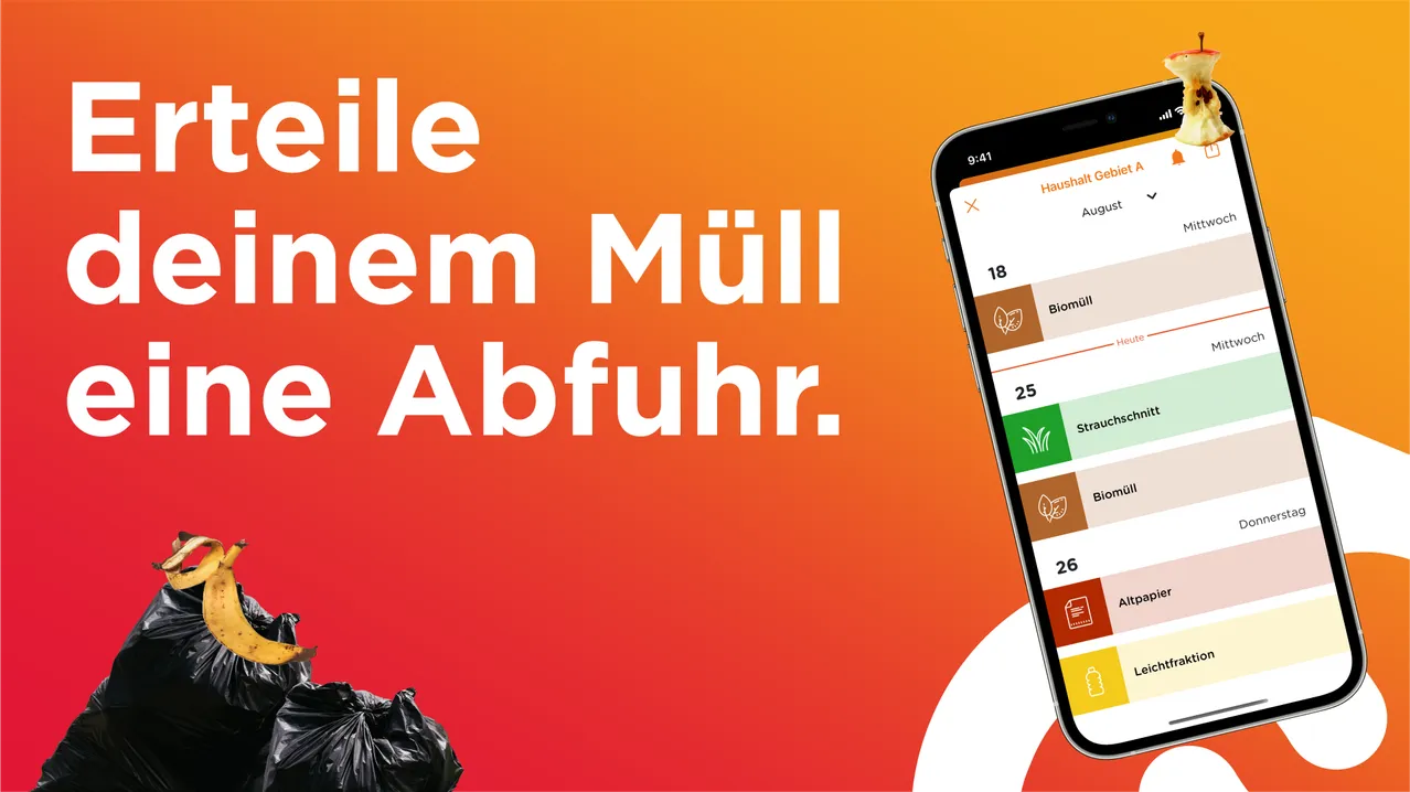 Ein Poster zeigt einen Müllsack vor orangem Hintergrund mit dem Text 'Zeit für Müllabfuhr'. Ein Smartphone-Bildschirm zeigt eine Recycling-App mit Symbolen für Haushaltsabfälle, biologisch abbaubare Abfälle und Stroh.