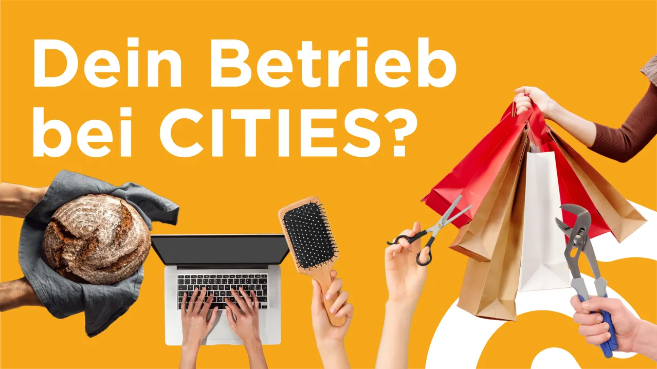 Auf einem orangefarbenen Hintergrund steht der Text 'In Betrieb CITIES?' mit Händen, die einen Laptop, eine Bürste, eine Schere und einen Papierbeutel halten.