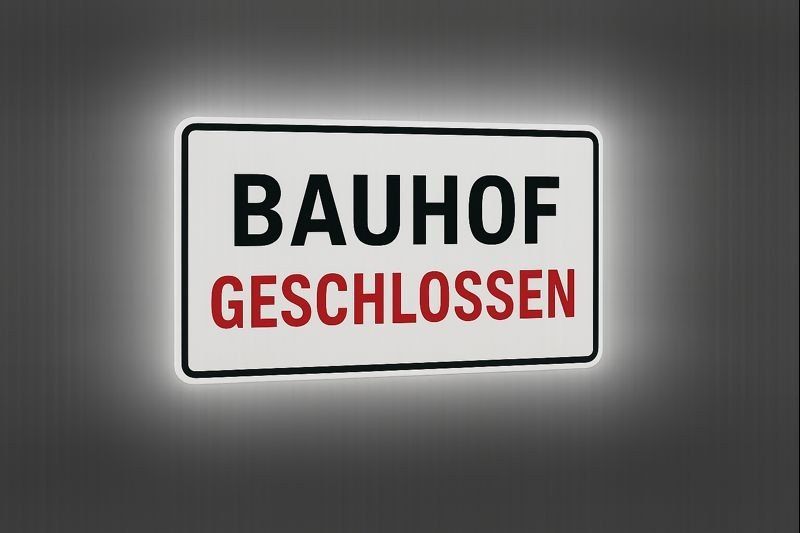 Ein weißes rechteckiges Schild mit schwarzem Rand trägt oben 'BAUHOF' und darunter in Rot 'GESCHLOSSEN'. Es ist von den Seiten beleuchtet.
