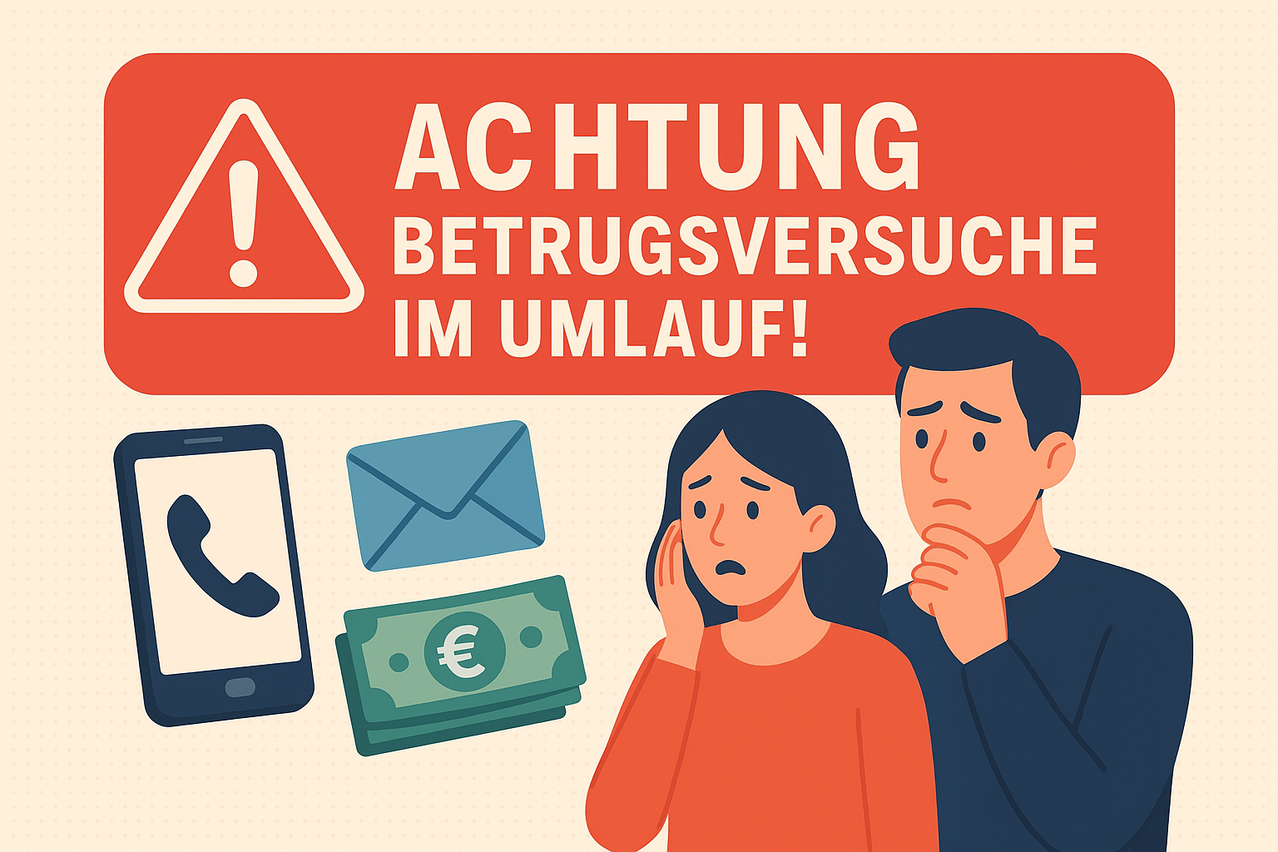 Eine Illustration warnt vor Betrugsversuchen mit einem Handy, einem Umschlag und Euro-Banknoten. Eine Frau und ein Mann sind schockiert. Der Text lautet 'Achtung Betrugsversuch im Umlauf!'.