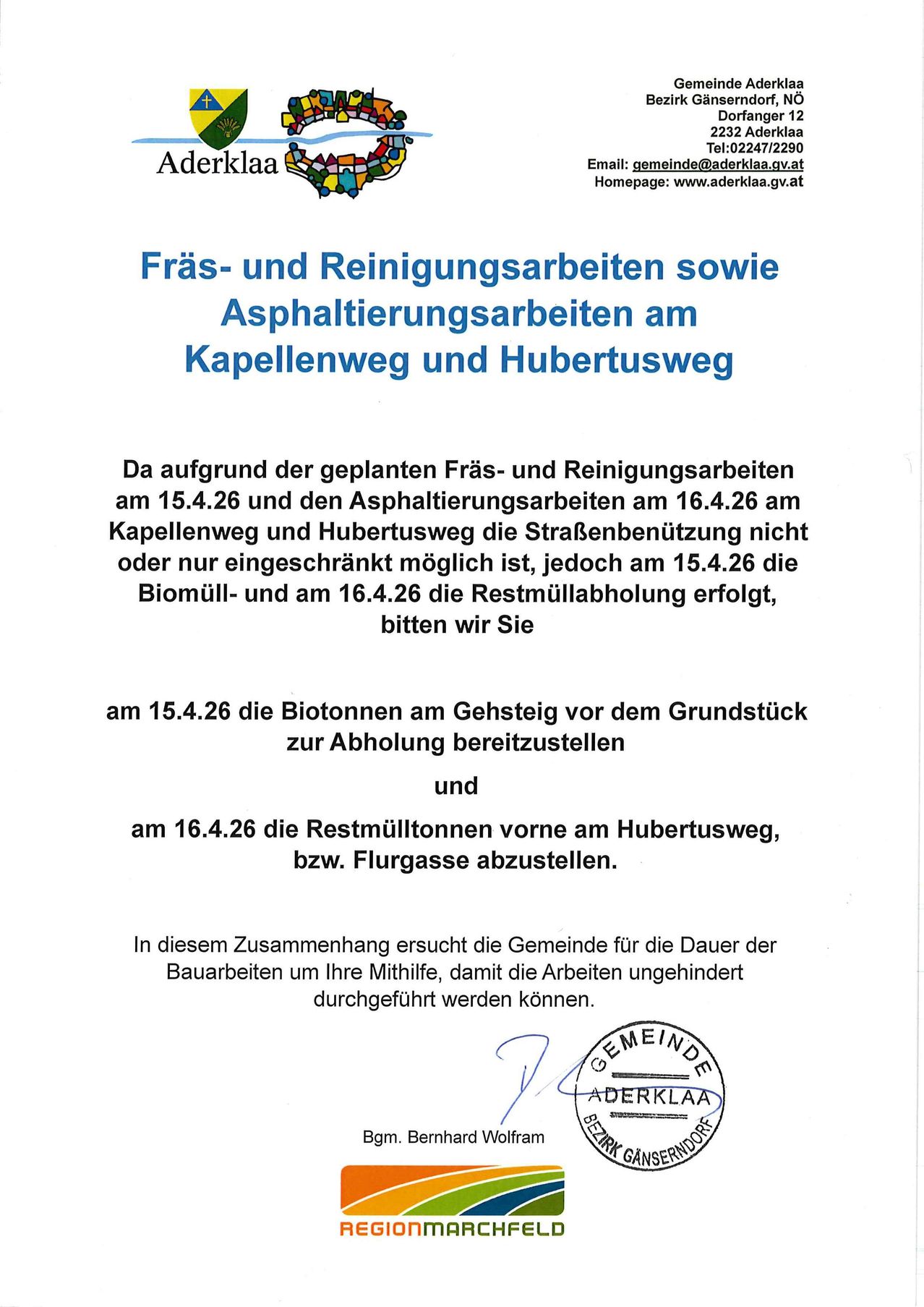 Das Dokument bittet die Anwohner, am 26. April 2026 die Mülltonnen vorzubereiten, aufgrund geplanter Straßenreinigungs- und Asphaltierungsarbeiten am Kapellenweg und Hubertusweg. Die Müllabholung wird am 26. April 2026 nicht möglich oder eingeschränkt sein.