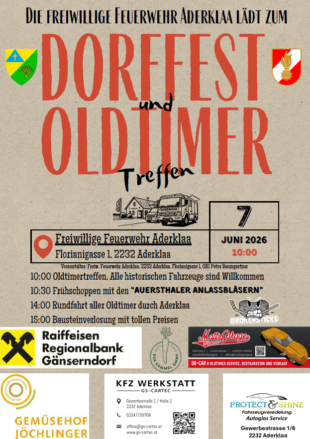 Plakat für Dorffest und Oldtimer Treffen in Floriangasse 1, Aderkenlaa. Beginn am 7. Juni 2026 um 10:00 Uhr. Beinhaltet Oldtimer-Treffen, Frühstück, Rundfahrt und Auktion. Sponsoren aufgeführt.