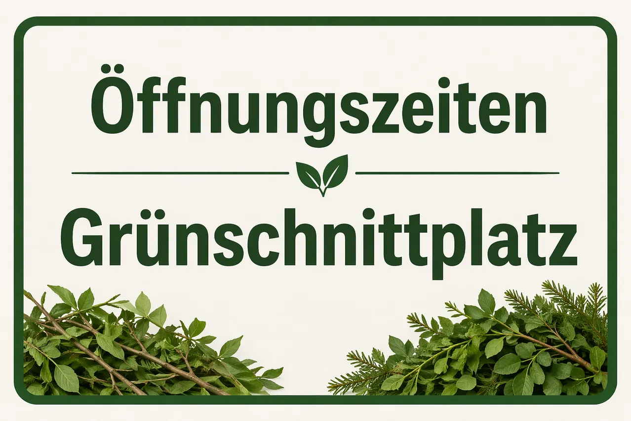Ein grünes Poster mit dem Text 'Öffnungszeiten' in großen Buchstaben und einem grünen Blatt-Symbol. Unter dem Text befindet sich eine kleine Illustration von grünen Pflanzen.