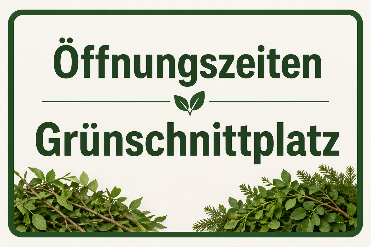 Ein grünes Poster mit dem Text 'Öffnungszeiten' in großen Buchstaben und einem grünen Blatt-Symbol. Unter dem Text befindet sich eine kleine Illustration von grünen Pflanzen.