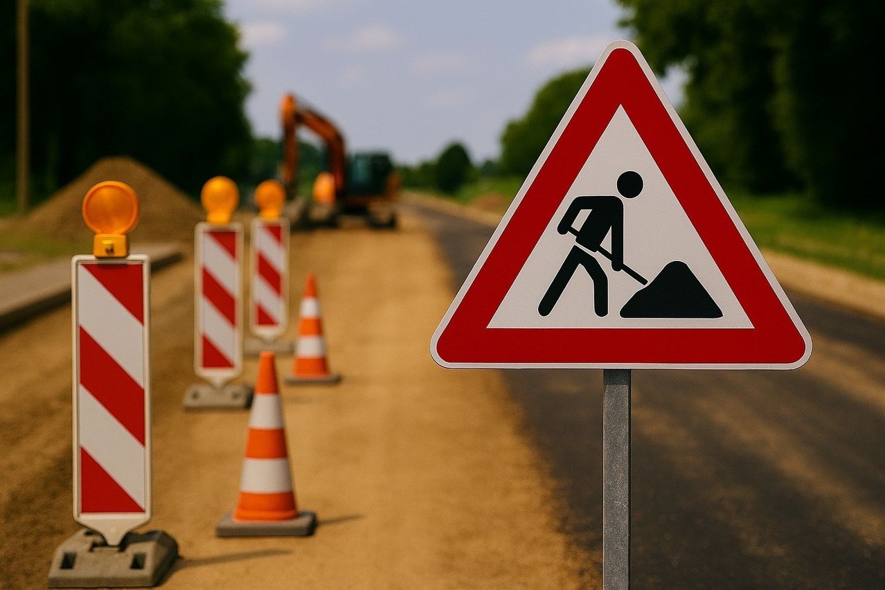 Ein Straßenbauschild mit einer grabenbauenden Person ist auf der Straße aufgestellt. Mehrere Verkehrskegel sind um das Schild herum angeordnet. Ein Baufahrzeug ist hinter den Kegeln geparkt.