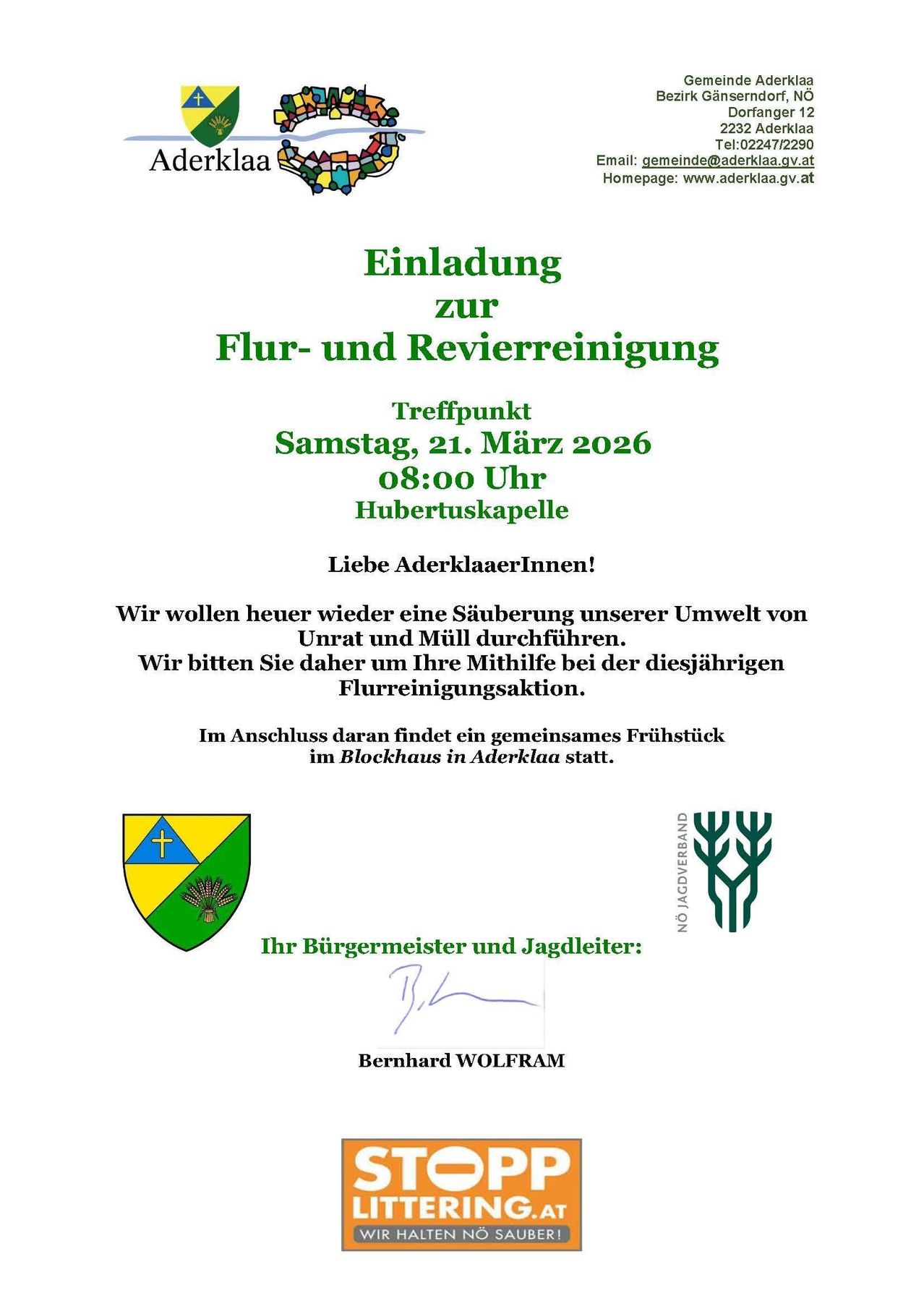 Einladung zur Flur- und Revierreinigung. Termin: Samstag, 21. März 2026, 08:00 Uhr bei Hubertuskapelle. Im Anschluss gemeinsames Frühstück. Bürgermeister und Jagdleiter: Bernhard Wolfram.