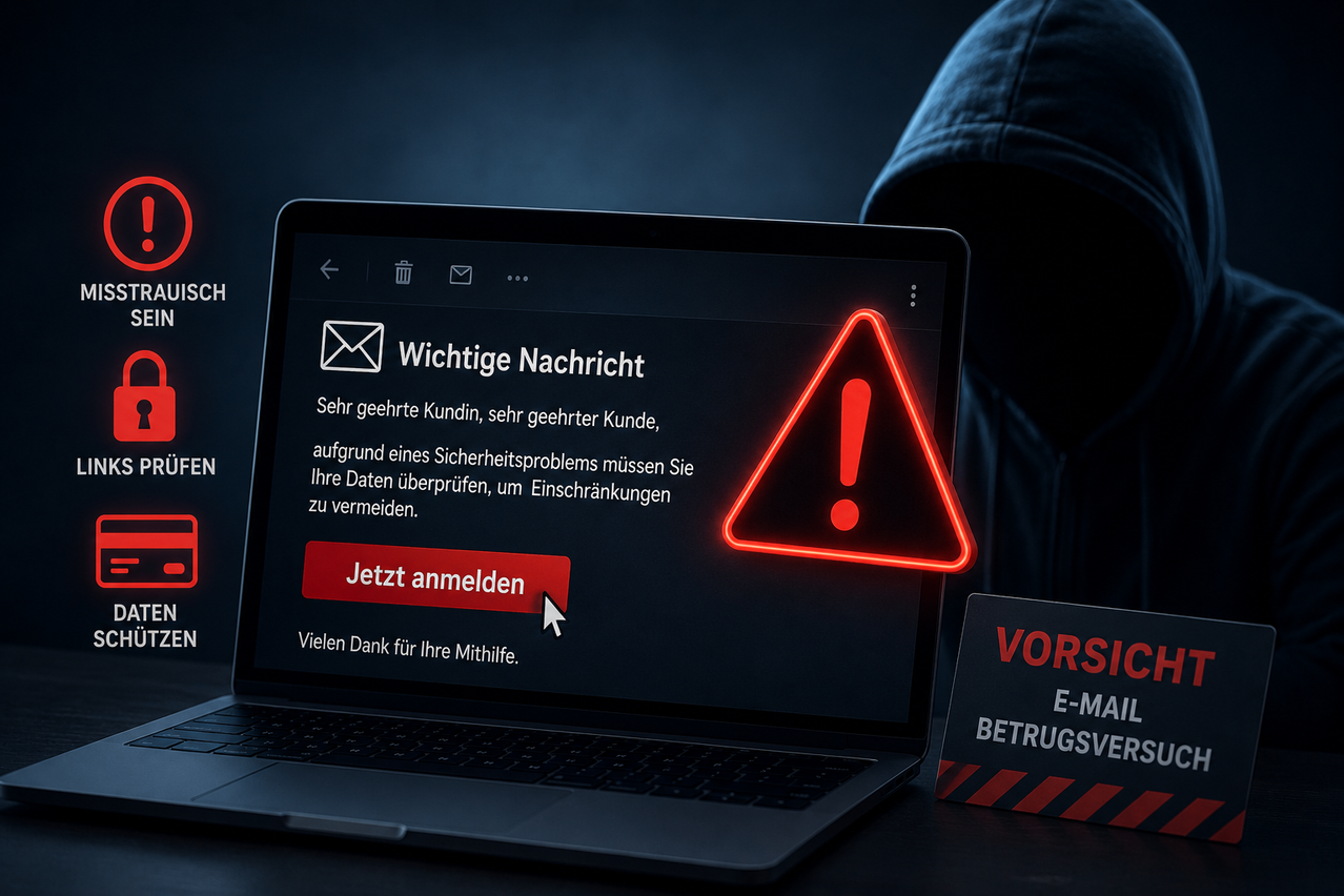 Ein Laptop-Bildschirm zeigt eine Warnmeldung in deutscher Sprache, mit einem roten Dreiecksymbol und einer roten Schaltfläche mit der Aufschrift 'Jetzt anmelden'. Eine Person in einer Kapuze ist teilweise im Hintergrund zu sehen.