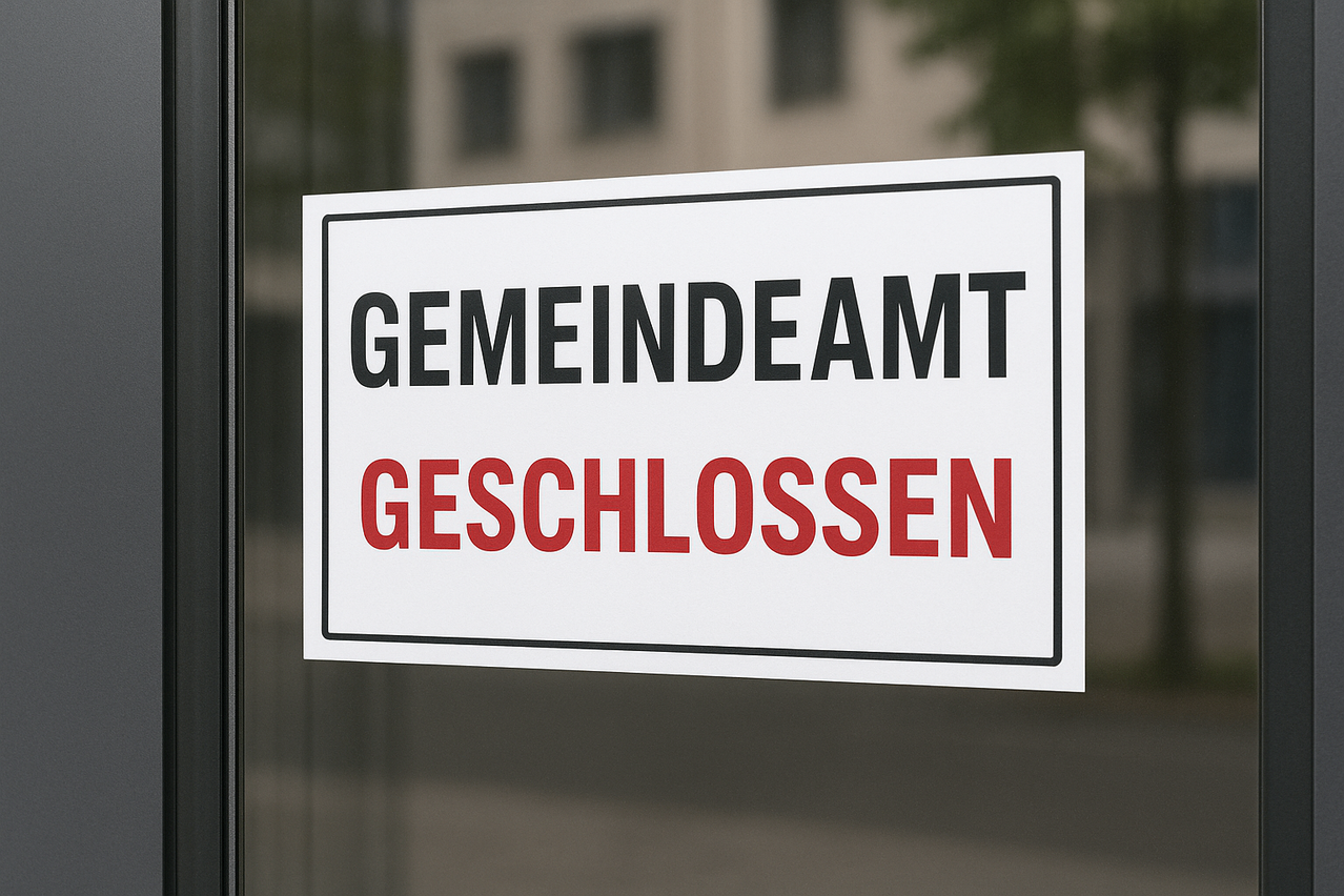 Ein weißes Schild an einer Glastür zeigt in schwarz und rot 'Gemeindeamt Geschlossen'. Es ist verschwommen mit Reflexionen.