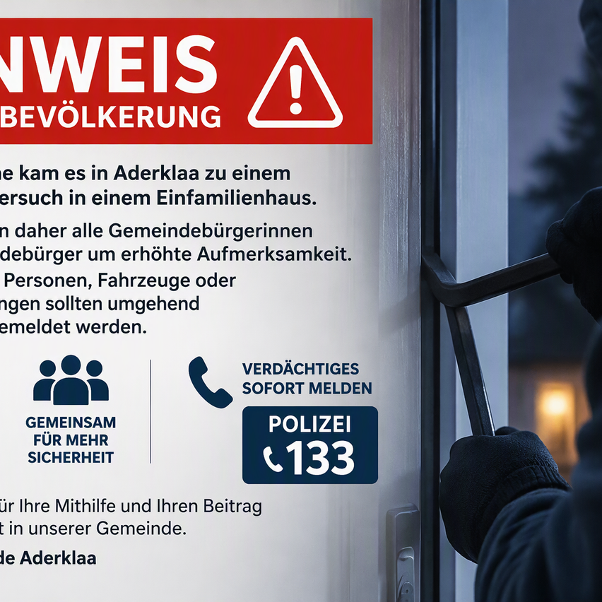 Ein Plakat mit einem Warnzeichen über einen Einbruchsversuch in Aderken. Es fordert die Gemeindemitglieder auf, wachsam zu sein und verdächtige Aktivitäten der Polizei zu melden.