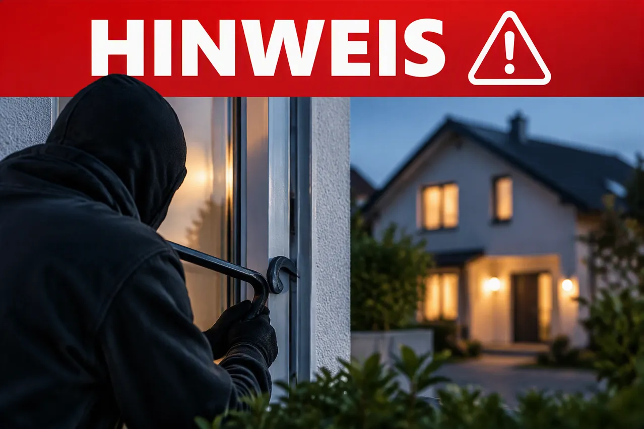 Eine Person in einer schwarzen Kapuzenpulli hält ein Metallobjekt und versucht, eine Glastür zu öffnen.