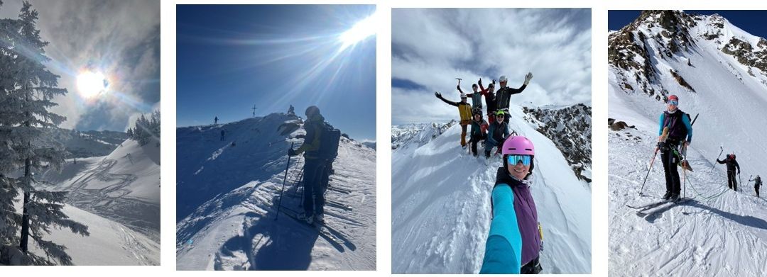 Drei Bilder zeigen Menschen, die auf einem verschneiten Berg Ski fahren und wandern. Das erste zeigt einen Skifahrer unter einem hellen Sonnenschein, das zweite zeigt eine Gruppe beim Wandern und das dritte zeigt einen Skifahrer mit einem Selfie-Stick.