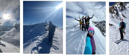 Drei Bilder zeigen Menschen, die auf einem verschneiten Berg Ski fahren und wandern. Das erste zeigt einen Skifahrer unter einem hellen Sonnenschein, das zweite zeigt eine Gruppe beim Wandern und das dritte zeigt einen Skifahrer mit einem Selfie-Stick.