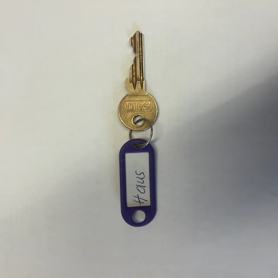 Ein goldener Schlüssel mit einem lila Schlüsselanhänger, auf dem 'HAUS 3164' steht, wird vor einem weißen Hintergrund gezeigt.