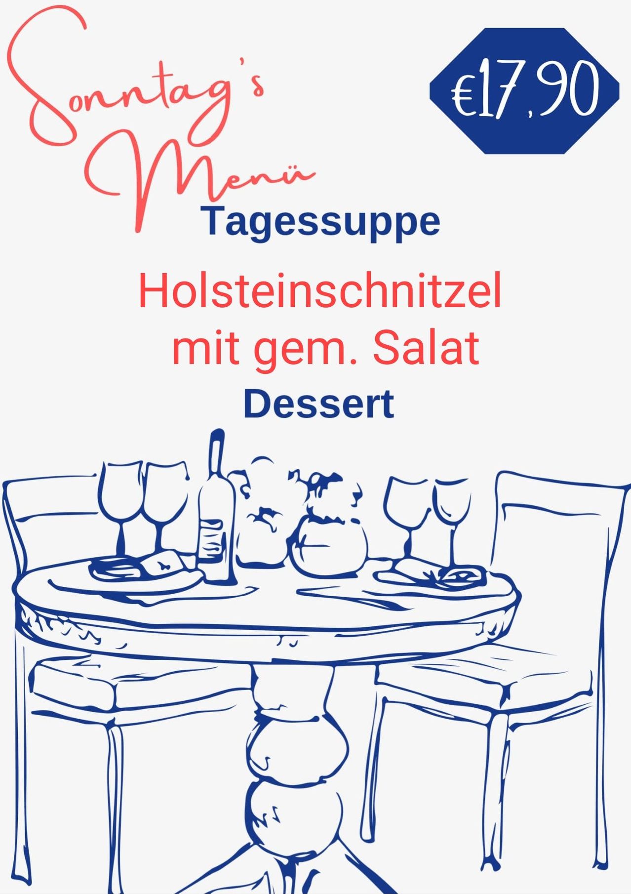 Ein Bild eines Menüs mit Holstein-Schnitzel mit gemischtem Salat und Dessert, illustriert mit einer Tischdekoration, Weingläsern und einer Flasche Wein.
