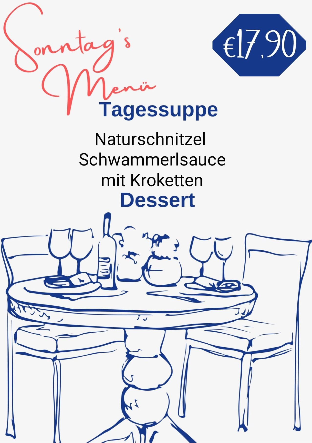 The image shows a menu with a table setting, featuring wine glasses, a bottle, and a pumpkin. The menu lists Tagessuppe, Naturschitzel, Schwammerlsauce with Kroketten, and Dessert.