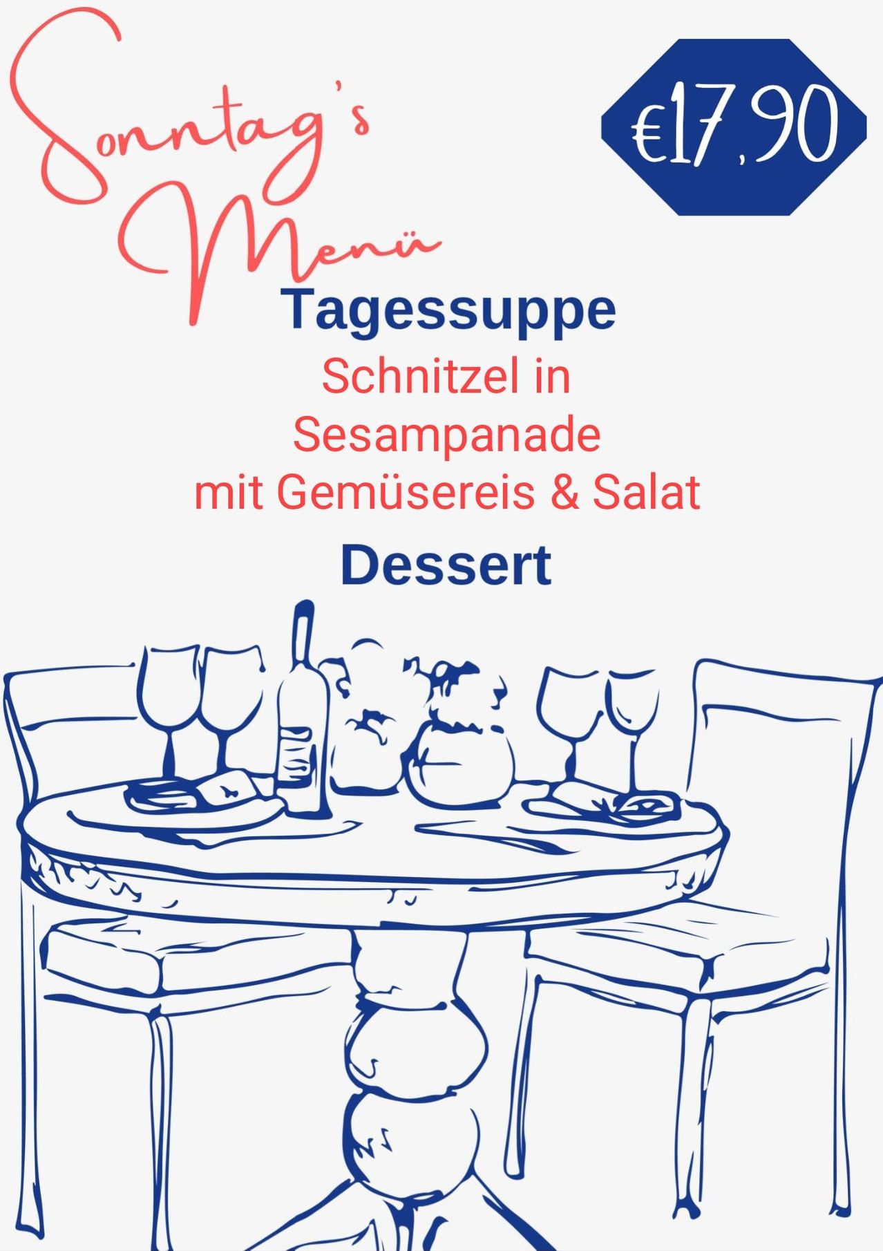 A menu illustration featuring a table set with wine glasses, a bottle, and a plate with food. The menu includes a daily soup, schnitzel in sesame sauce with vegetables and salad, and dessert. The illustration is in blue and red.