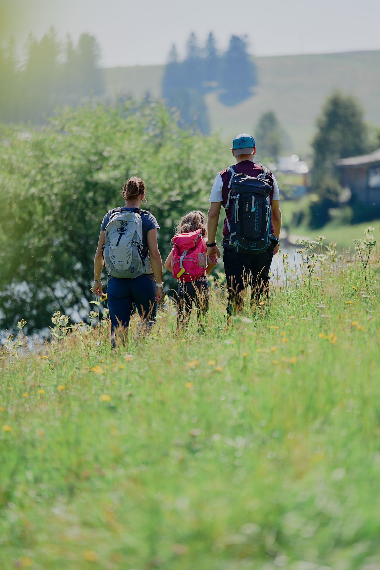 Eine dreiköpfige Familie wandert durch ein saftiges, grünes Feld. Der Mann trägt einen Hut und einen Rucksack. Die Frau trägt ein Kind mit einem rosa Rucksack. Sie sind umgeben von Bäumen und einer Berglandschaft.