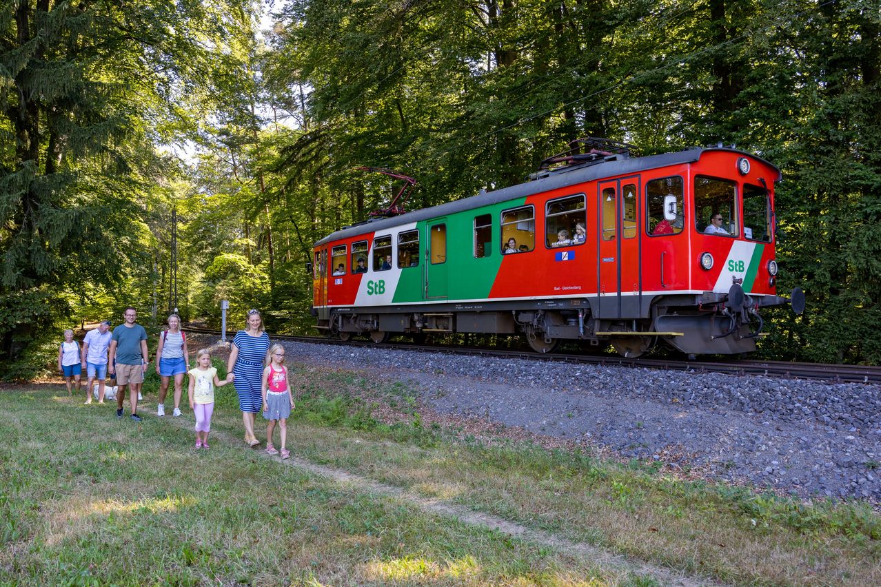 Eine Familie mit vier Personen, darunter zwei junge Mädchen, geht an einem sonnigen Tag neben einer vorbeifahrenden Bahn auf einem grasbewachsenen Pfad entlang.