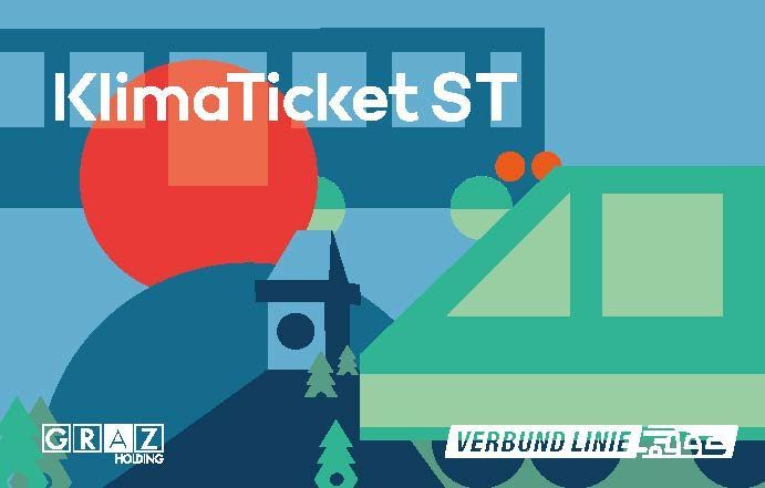 Eine Illustration zur Förderung von KlimaTicket ST, mit einem stilisierten Zug, einer roten Sonne und einem blauen Himmel. Der Text 'GRAZ HOLDING' ist links und 'VERBUND LINIE' ist rechts.