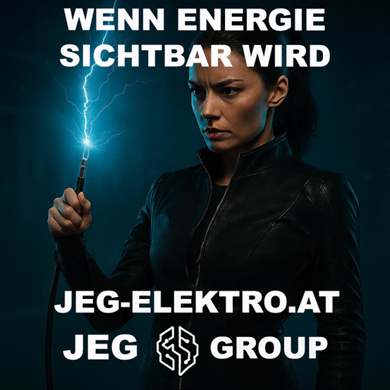 Eine Frau hält einen leuchtenden Zauberstab und hat einen ernsten Gesichtsausdruck. Der Hintergrund ist blau mit weißen Texten. Das Bild ist eine Werbung für JEG-Elektro.at.